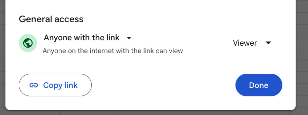 Google Sheets sharing dialog showing Anyone with the link