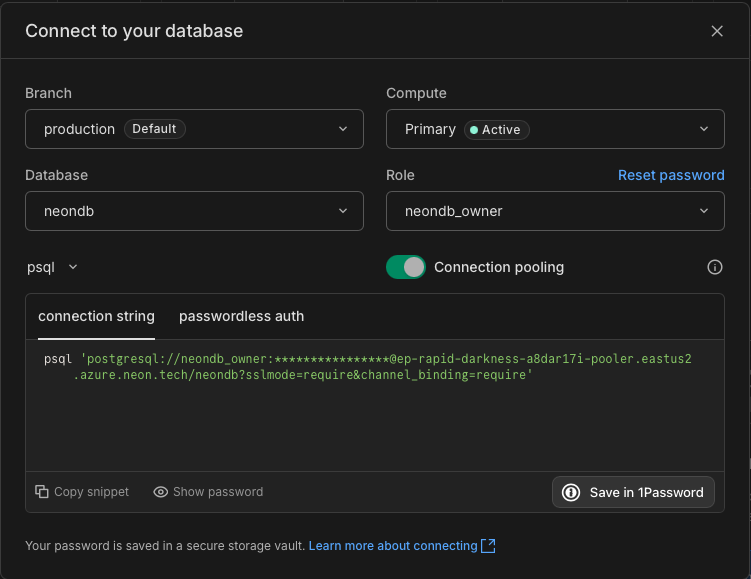 Neon Connect dialog showing connection string