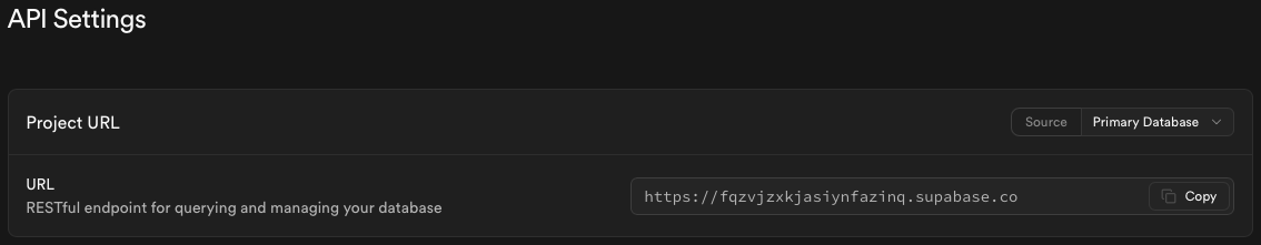 Supabase API Settings showing Project URL